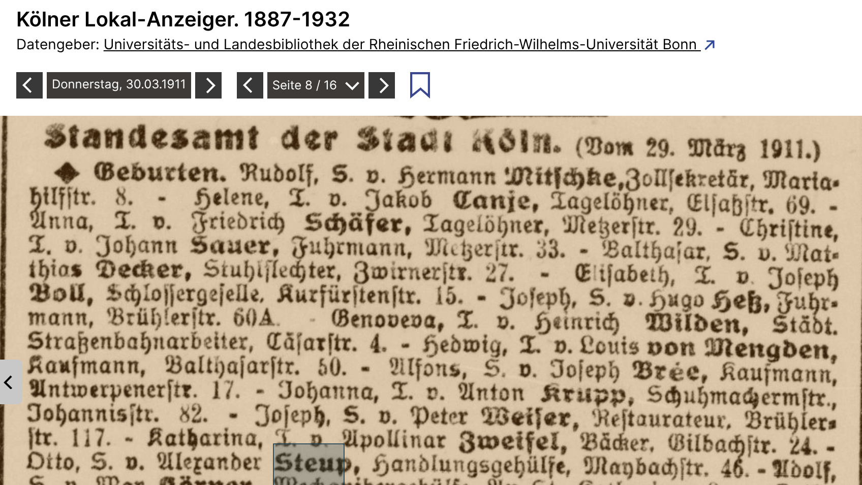 Steup, Otto - Geburt