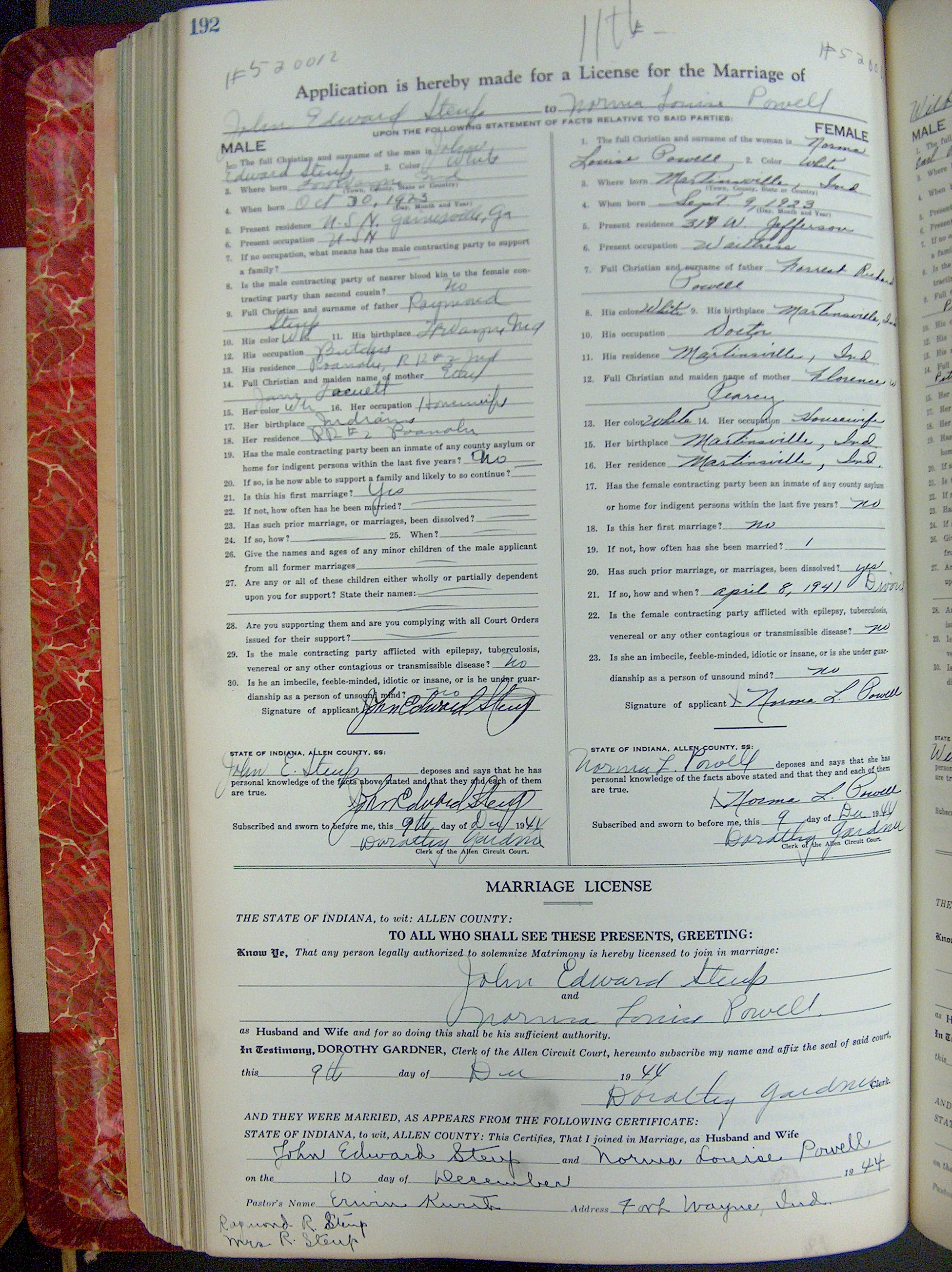 Heiratsurkunde von Steup John Edward/Powell Norma Louise