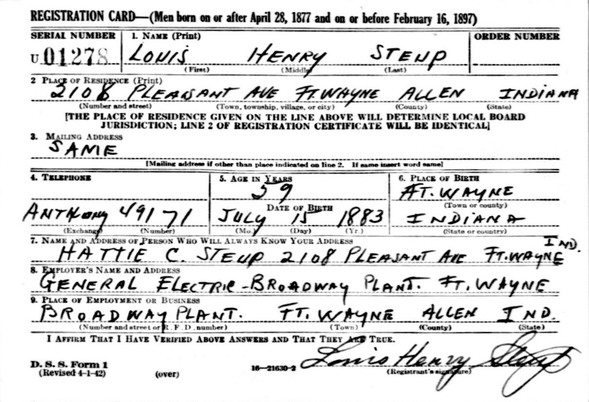 Military Registrationrecord von Louis Henry Steup