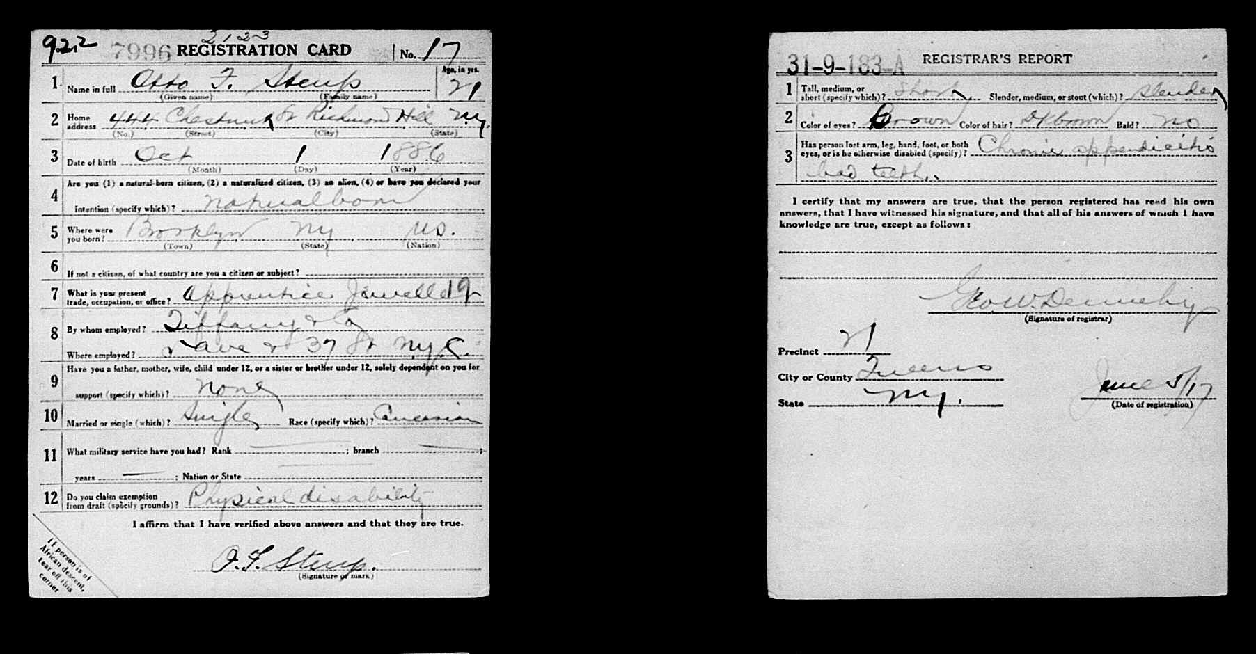 Registration Card WW1