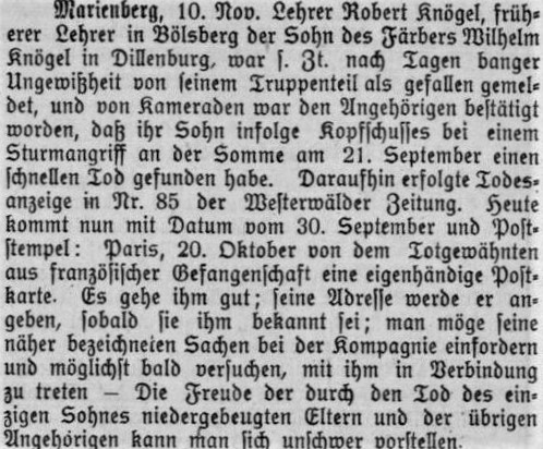 Knögel II WW Zeitung 10.11.1916