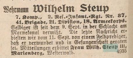 I3129 Steup Wilhelm WW1 vermisst 4.12.1914